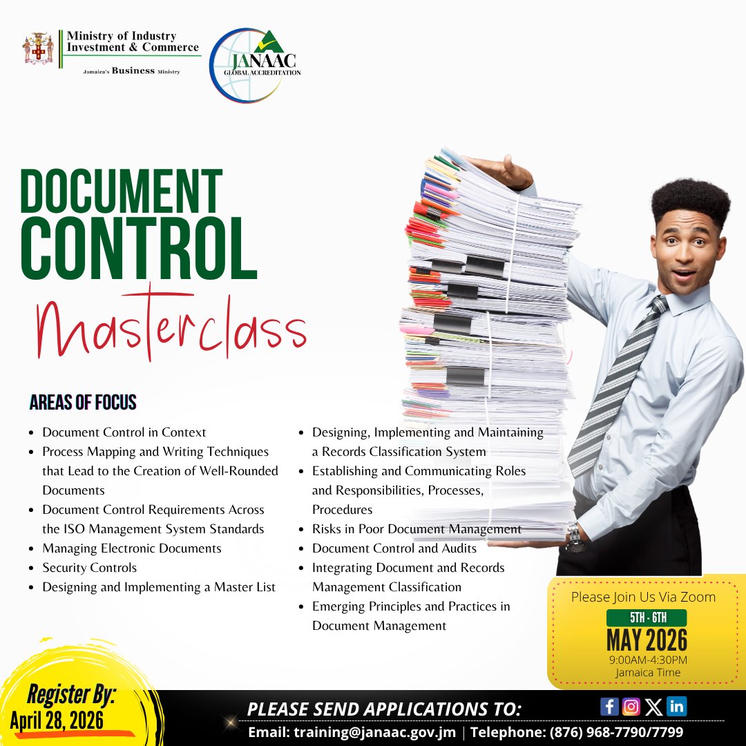JANAAC_Acc's tweet image. 📅 May 2026 Training Line-Up is Here!
Four powerful courses. One goal - building your expertise! 
📩 Contact us at training@janaac.gov.jm or visit our website at janaac.gov.jm for details. 
 
 #JANAAC #Training #QualityManagement
