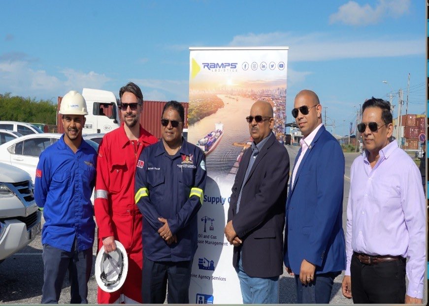 TTMEEI's tweet photo. The Honourable Dr Roodal Moonilal at the loading and transport of critical equipment by Ramps Logistics on behalf of Touchstone Exploration Trinidad Limited (Touchstone) from the Port of Point Lisas earlier today. https://t.co/AxBVGv1W6q