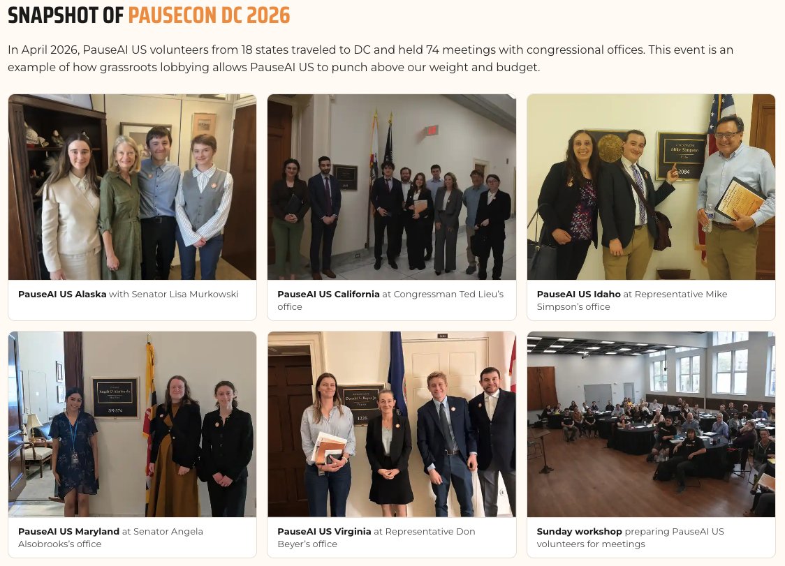 pauseaius's tweet photo. Our most recent event, PauseCon DC, was a success! Our volunteers met with 74 congressional offices in Washington DC and spoke plainly with their representatives about the threat of extinction from AI.

Read a review from a MIRI employee who attended: https://t.co/pY5O0RwXtT https://t.co/YQ1Id2XYhM