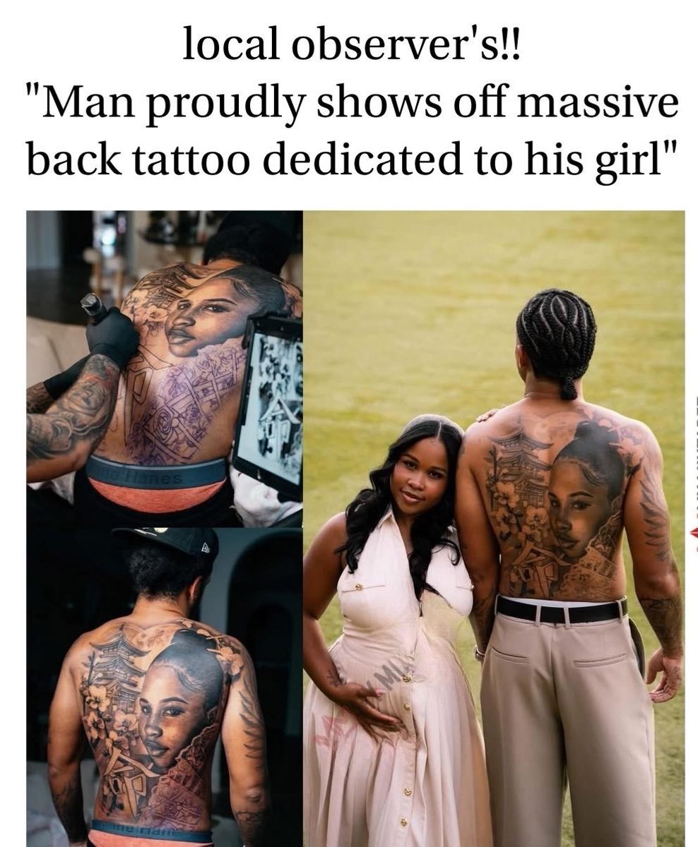 iranzi18469's tweet image. “Man goes all out with a full back tattoo dedicated to his girl 😳🔥
Love or too much?”
🏷️ Hashtags
#tattoo #relationshipgoals #couples #viralpost #tattoolover #love #debate #fyp #trending #inked