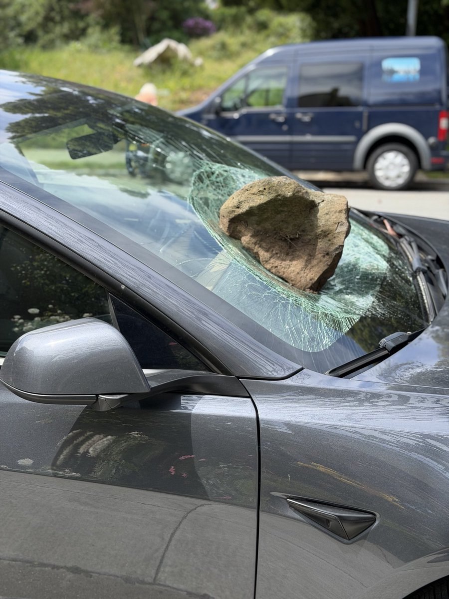 localstrangesf's tweet photo. Looks like a meteor just hit a Telsa near Golden Gate Park in San Francisco.  Can you confirm @elonmusk     This is not AI.   Just a normal day picking my kids up at school in the park.     This guy must’ve forgot to put on his “ I bought this car before Elon went crazy bumper sticker” 😂
