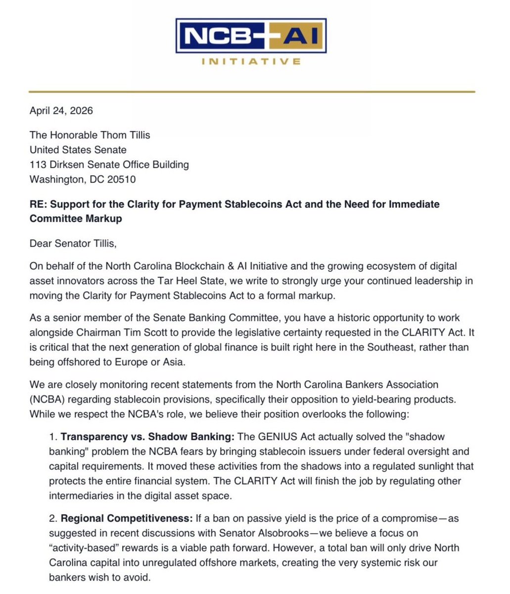 ChartNerdTA's tweet image. 📣 JUST IN! @NC_Blockchain has sent a letter to Senator Thom Tillis, urging him to move the #CLARITY Act to markup 🇺🇸