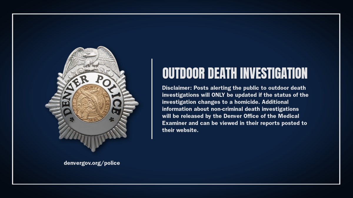 DenverPolice's tweet image. ALERT: #DPD is conducting an outdoor death investigation in the 6400 block of E. Yale Avenue. The #Denver Office of the Medical Examiner will determine cause of death. We will only update this post if the status of this investigation changes to a homicide.