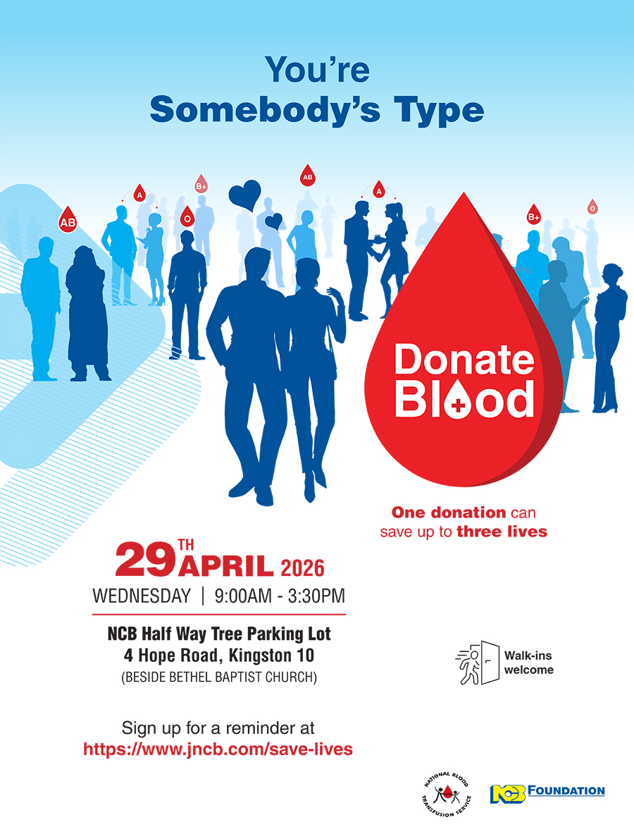 NCBFoundation's tweet image. You’re somebody’s type

Your donation could make the difference.

Donate blood  Save a life. Join us for a Blood Drive
🗓 April 29, 2026
⏰ 9:00 AM – 3:30 PM
📍NCB Half Way Tree Parking Lot (4 Hope Road)

Bring a friend, a valid ID and be a real-life hero

#BloodDrive #donate