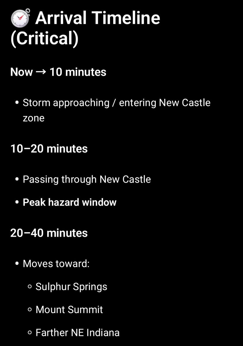 HEIS_Tswvlis's tweet image. 🚨 #CPSIS #PRE-ADVISORY (NOW = ACTION)
If in #NewCastle / #HenryCounty:
TAKE COVER IMMEDIATELY
Lowest level, interior room
Stay away from windows
Do NOT wait for visual confirmation

4/24/2026, 5:48 pm EST
#CapstoneStabilityTheorem 
#SevereWeather