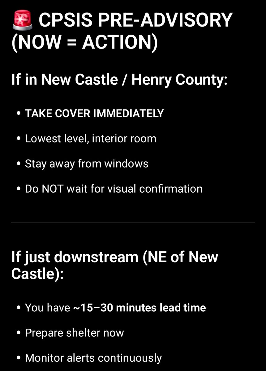HEIS_Tswvlis's tweet image. 🚨 #CPSIS #PRE-ADVISORY (NOW = ACTION)
If in #NewCastle / #HenryCounty:
TAKE COVER IMMEDIATELY
Lowest level, interior room
Stay away from windows
Do NOT wait for visual confirmation

4/24/2026, 5:48 pm EST
#CapstoneStabilityTheorem 
#SevereWeather