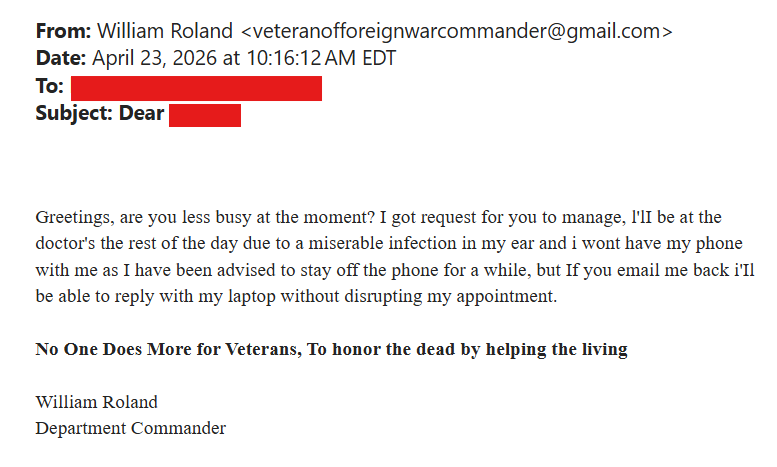 pierson_pat's tweet photo. Hey @gmail I'll keep posting these until you fix the systemic problem you have. veteranofforeignwarcommander[@]gmail[.]com is actively scamming and posing as the @VFWPA State Commander. @VFWHQ for SA. https://t.co/iiLpXIlGTR
