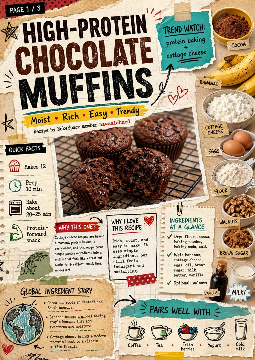 bakespace's tweet image. High-Protein Chocolate Muffins (if you want to make changes, use our BakeBot chat to modify this recipe in any way!) 
bakespace.com/recipes/detail… #muffins #baking #highprotein #bakespace