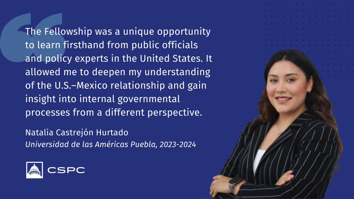 CSPC_DC's tweet photo. Welcome to a special Alumni Spotlight! This April, we feature Natalia Castrejón Hurtado (2023–24 Fellow), now Executive Assistant to Mexico’s U.S. Ambassador. This year she helped organize a meeting at @EmbamexEUA for our International Fellows. Read more: https://t.co/azgs1wcp0A https://t.co/sjnuyiMFU7