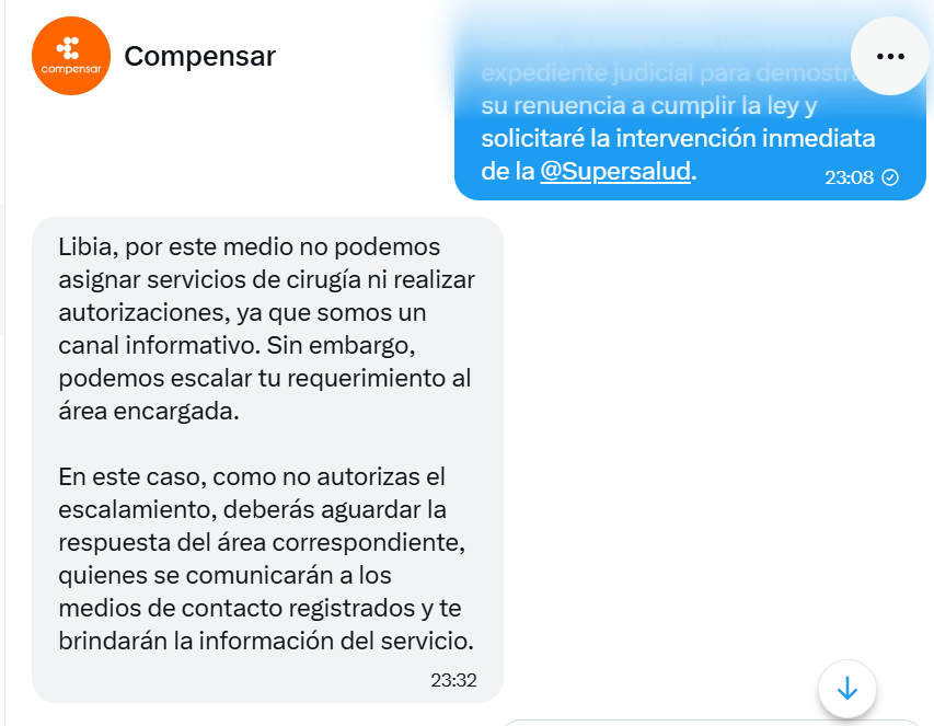 libia0215's tweet photo. La burla de @Compensar_info: dicen ser 'solo un canal informativo' para no cumplir una TUTELA y un DESACATO. El Juez les dio 3 días para operar a mi mamá de 75 años y prefieren la negligencia. @Supersalud exijo que actúen ante este cinismo. #CompensarNoCumple #JusticiaParaZoila https://t.co/nplUmP9t9k