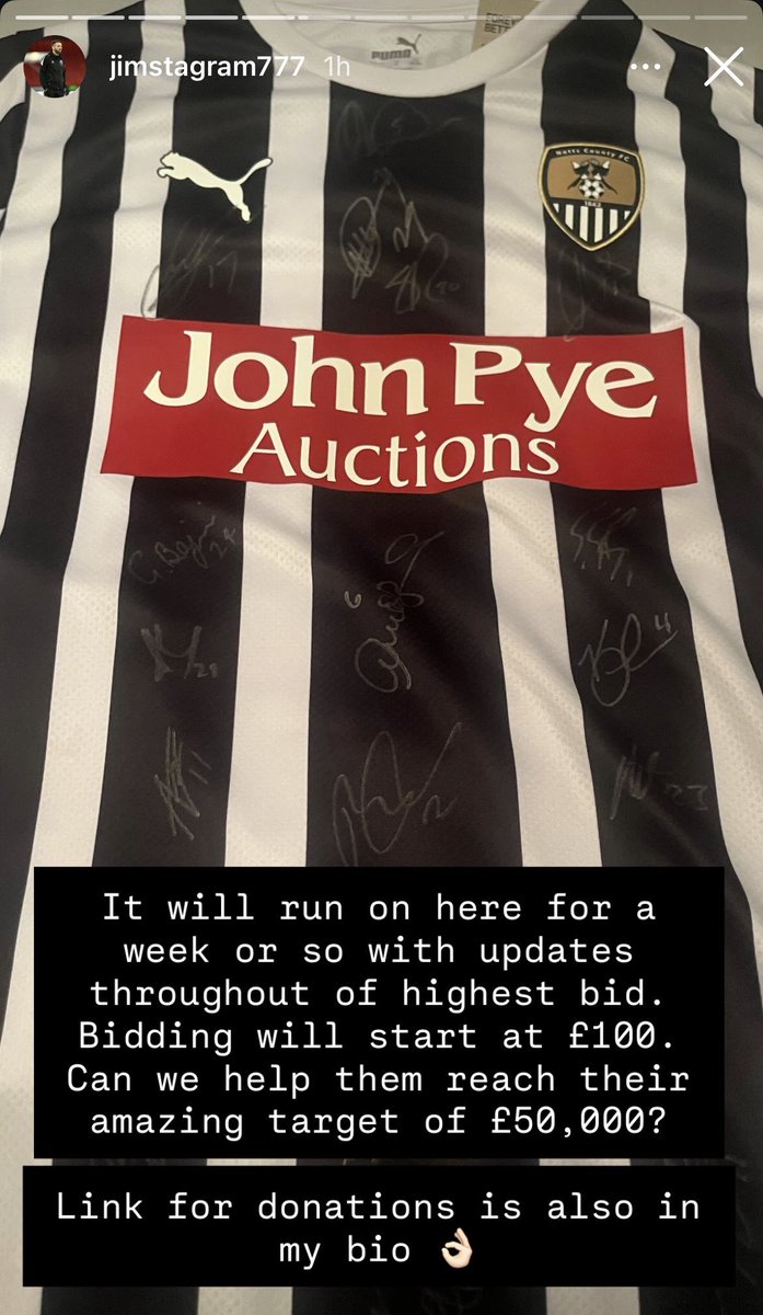 To any Notts fans that haven’t seen it yet, go have a look at Jim O’Briens Instagram. He’s auctioning off a signed Notts shirt to help his young neighbours raise money to get new wheelchairs for their football team. Delivery in person to the highest bidder or donate what you can