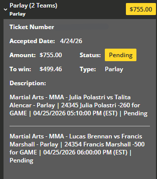 GrindingEddie's tweet photo. Sat Apr 25

#UFCVegas116 :

Davey Grant -120 (1.20/1.00)
Raoni Barcelos +160 (0.70/1.12)
Aljamain Sterling +120 (1.00/1.20)
Marcus Buchecha -125 (1.25/1.00)
Norma Dumont via DEC -135 (1.35/1.00)
Jafel Filho/Cody Durden O-1.5 (1.03/1.00)
Julia Polastri/Francis Marshall -151 (1.51/1.00)
Jackson McVey/Sedriques Dumas U-1.5 -133 (1.33/1.00)
Michelle Montague/Mayra Bueno Silva FDGTD +155 (0.70/1.09)