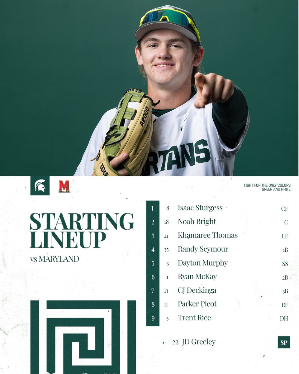MSUBaseball's tweet image. Here's the Spartan lineup for tonight's series opener vs. Maryland:

1st pitch🔜

Still time to make it out to the ballpark:
🎟️sprtns.co/BSBTix

Or follow the action:
💻sprtns.co/48mftn8
🔢sprtns.co/41TdSl2
📻sprtns.co/4ct7eYV

#GoGreen | @sturgess_isaac