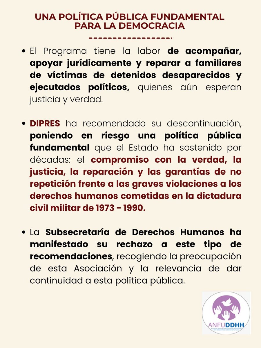 ANFUDDHH's tweet photo. La ANFUDDHH manifiesta su más enérgico y categórico rechazo a la recomendación emitida por DIPRES que plantea la no continuidad del Programa de Derechos Humanos https://t.co/KFR2N3dmcz
