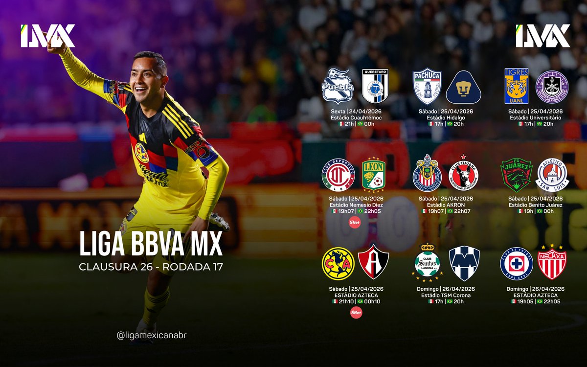 🇲🇽 HOJE TEM LIGA MX 🇲🇽

Chegamos a RETA FINAL do Clausura 2026. Vamos para a ÚLTIMA RODADA do torneio

🚨 ATENÇÃO! Os duelos abaixo terão transmissão AO VIVO e DE GRAÇA no YouTube da <a href="/SportyNetBrasil/">SportyNet</a>

🔴 TOLUCA vs LEÓN 🟢
🟡 AMÉRICA vs ATLAS 🔴

#LigaMXBrasil