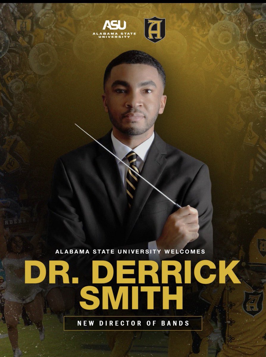 ksb1908's tweet image. Congratulations to Alabama State University’s new Director of Bands, Dr. Derrick Smith! 👏🏾👏🏾👏🏾AS-AS- AS- AS- U! 🐝🖤💛 #MightyMarchingHornets #MyASU #HornetNation #AlabamaStateUniversity #HBCU #HBCULove @BamaState1867
