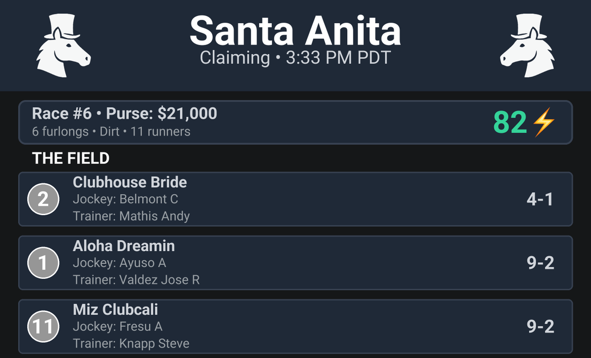 CapperRacing's tweet photo. 🏇 Race Alert!

Santa Anita Race #6
Claiming

📍 Post Time: 3:33 PM MST
⚡️ Thrill Score: 82⚡️

#HorseRacing #SantaAnita #Racing https://t.co/ylOqMbjne6