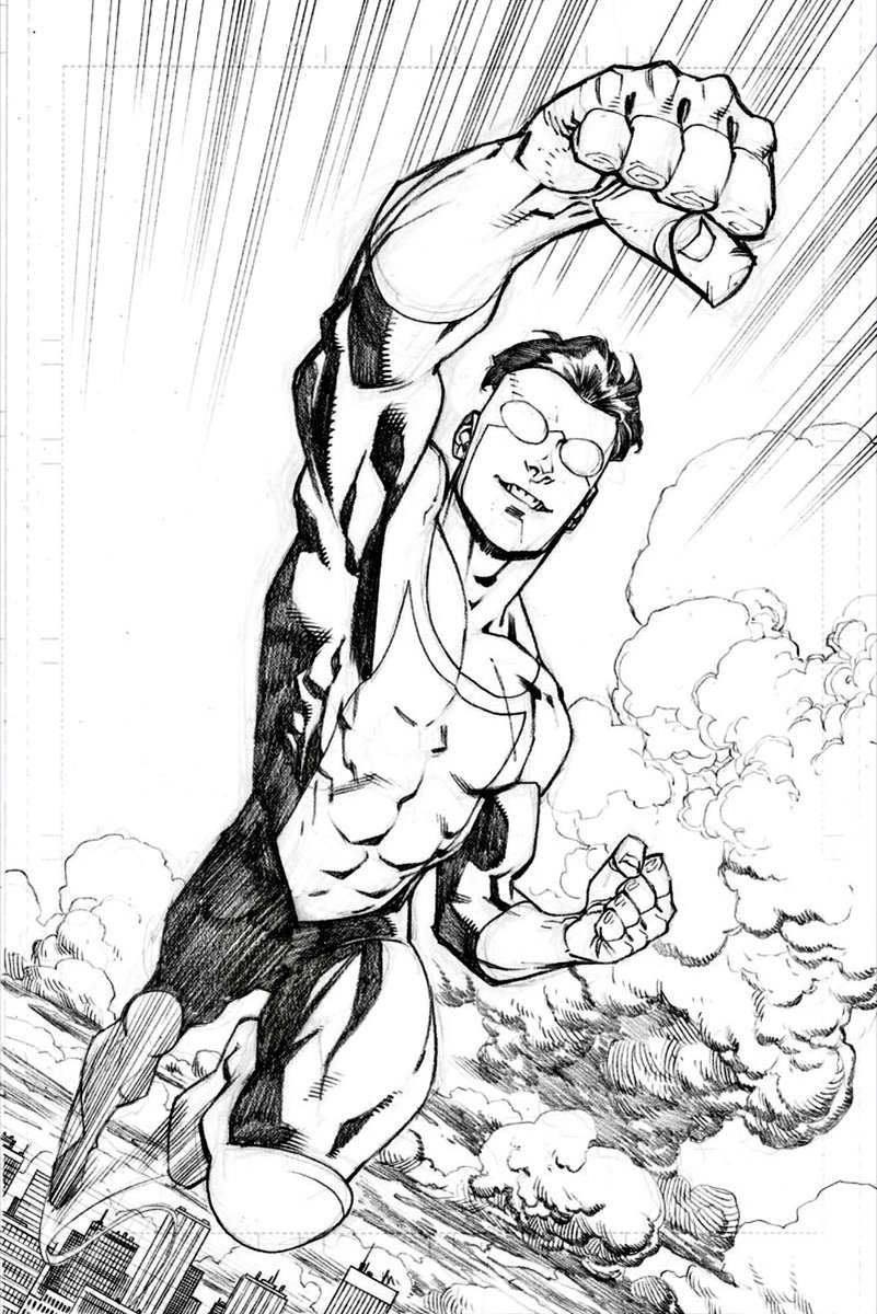 Pencil stage from a splash page of Invincible. Happy non-bloody Mark. Rare but it happens!