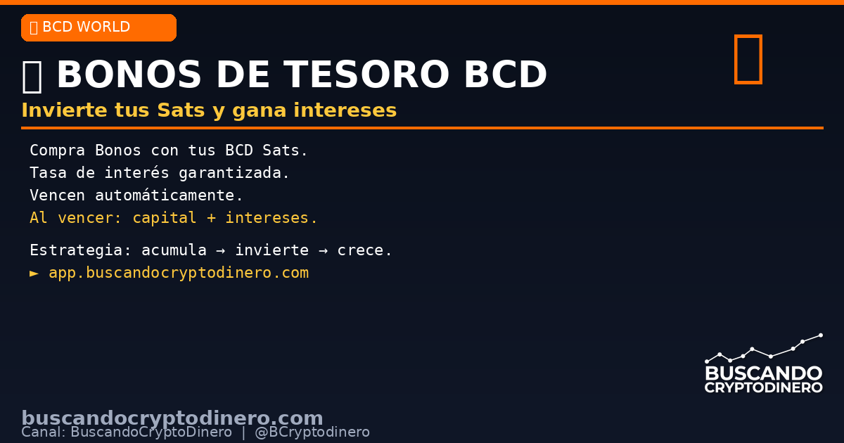 BCryptodinero's tweet image. 📜 ¿Tienes BCD Sats guardados sin hacer nada?

Invierte en Bonos del Tesoro BCD:
💰 Tasa de interés garantizada
⏱️ Al vencer: capital + intereses

Gratis en app.buscandocryptodinero.com 📈
#BCD #Crypto #DeFi #Sats