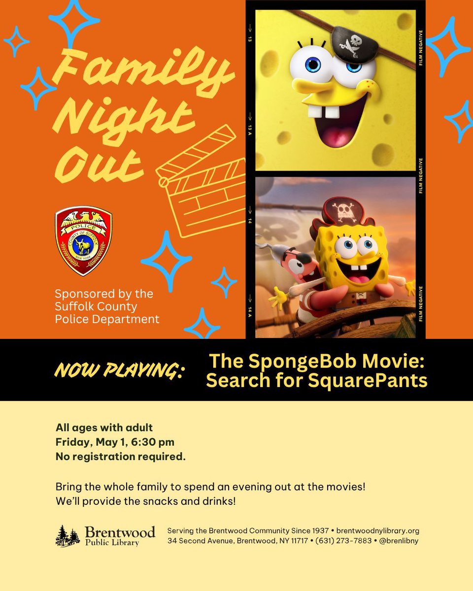 brenlibny's tweet photo. Next week, dive under the sea for a Family Night Out at Brentwood Public Library! 🌊🍿
Join us Friday, May 1, at 6:30 pm for The SpongeBob Movie: Search for SquarePants, sponsored by the Suffolk County Police Department. No registration needed—just bring the family! https://t.co/7t64sK9mgG