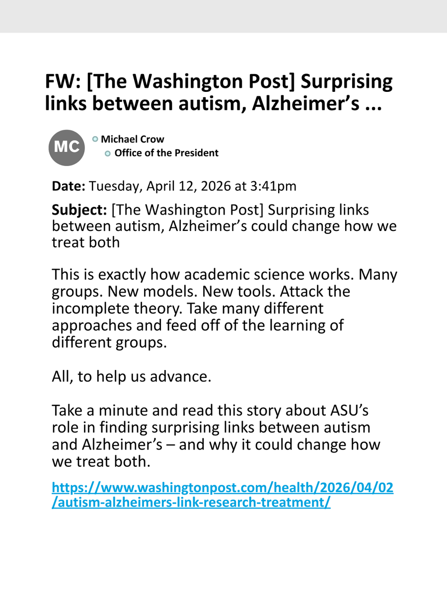 michaelcrow's tweet image. Featured in The @washingtonpost, Blair Braden’s research on #autism, aging and brain health reflects the kind of public-impact work ASU experts are leading every day. I encourage you to read the article and learn how this surprising link could change how we treat both: