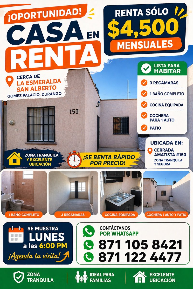 🏠 ¡CASA EN RENTA!
📍 Cerca de La Esmeralda San Alberto, Gomez.
💰 $4,500 mensuales

🔥 3 recámaras | Cocina equipada | Cochera | Patio

⏰ Se muestra este LUNES a las 6:00 PM
📲 Manda WhatsApp ahora:
👉 8711058421