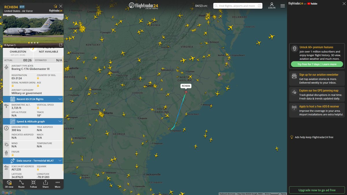 AIYeyENGDdJkjTr's tweet image. Apr. 25, 2026
#Joint Base Charleston #Fort Bragg, North Carolina ==&amp;gt; #Ramstein Air Base 

#RCH694 #AE1235 USAF C-17A Globemaster III