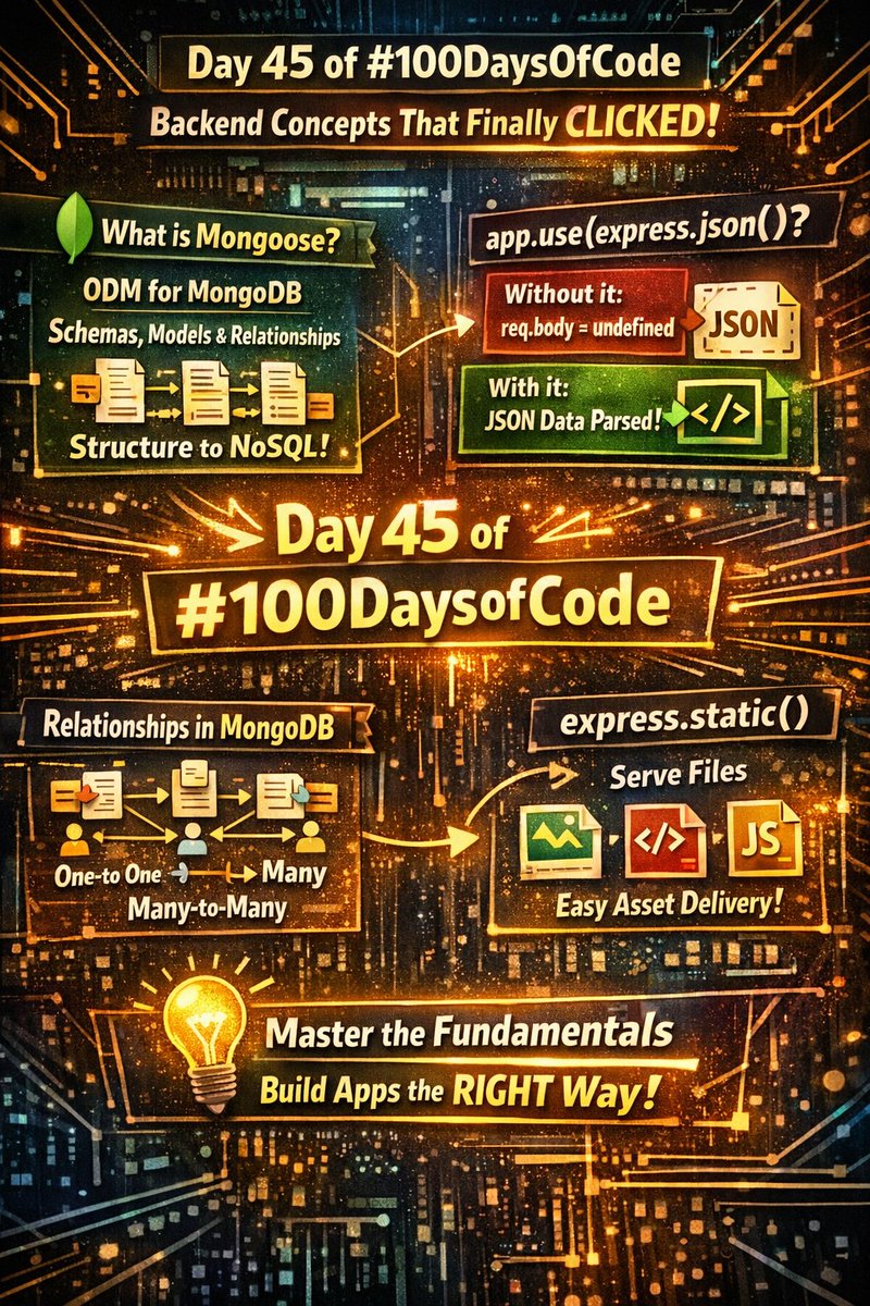 prabuddhaxdev's tweet photo. Day 45/100 🚀

Backend concepts finally clicked 🔥
✔ Mongoose = structure for MongoDB
✔ Relationships (1-1, 1-M, M-M)
✔ app.use(express.json()) = req.body works
✔ express.static() = serve files easily

Small concepts. Massive impact.
#100DaysOfCode #NodeJS #MongoDB #Backend https://t.co/ntuH55d1m4
