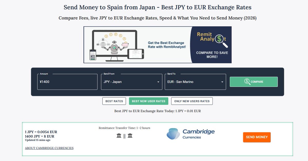 RemitAnalyst's tweet image. Planning a transfer from Japan to Spain?

Even small differences in JPY to EUR rates can impact your total transfer. RemitAnalyst helps you find the best deals instantly.

Check live rates here:
remitanalyst.com/send-money-to-…

#ExchangeRates #MoneyTransfer #Fintech #SmartMoney