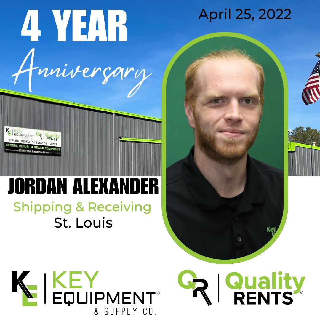 KeyEquip's tweet photo. Celebrating Jordan Alexander in Shipping &amp; Receiving at our St. Louis location for 4 years with Key Equipment &amp; Supply Co. We appreciate your dedication and hard work.
#KeyEquipment #QualityRents #WorkAnniversary #TeamKey https://t.co/8a0NEqDVor
