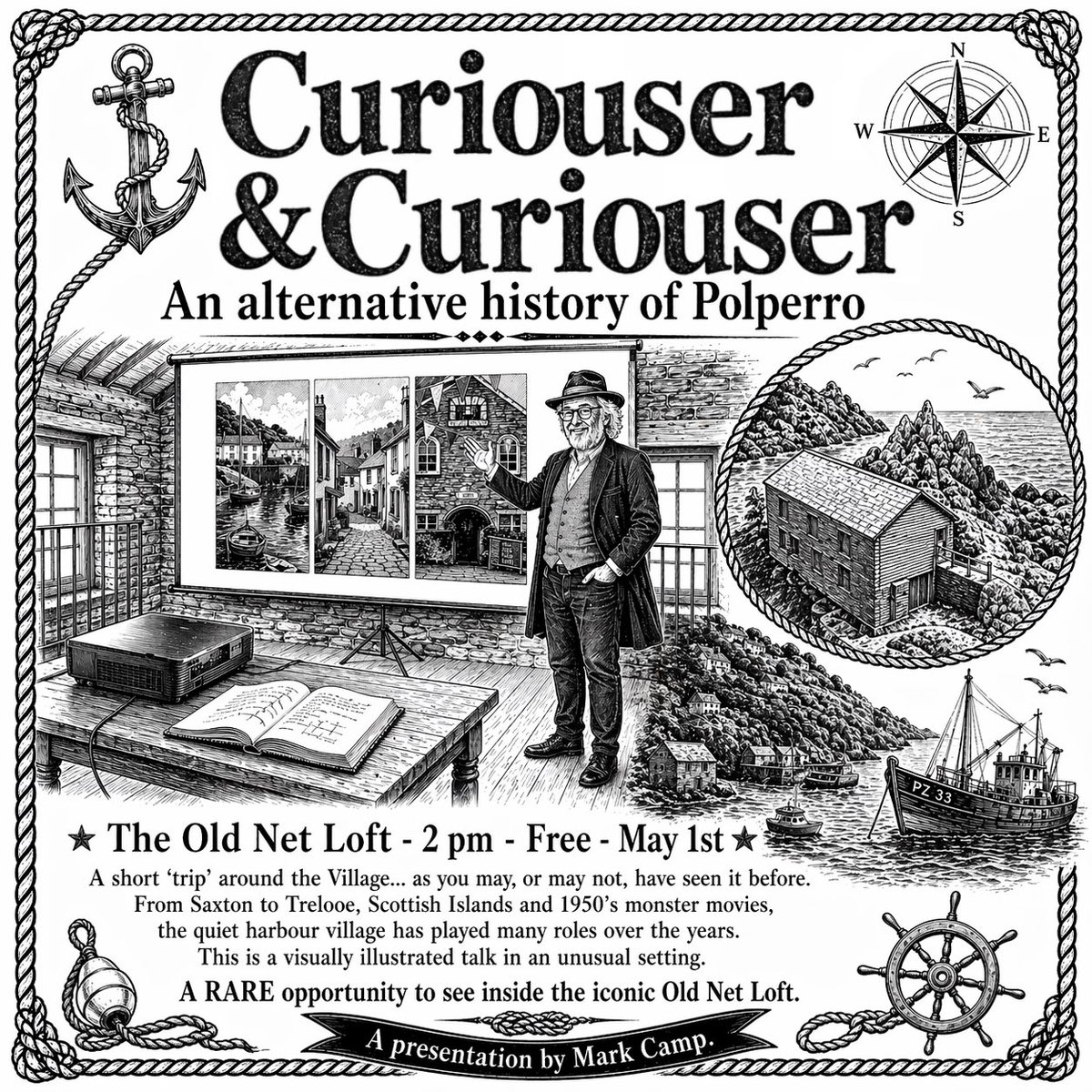 jonathanboakes's tweet image. POLPERRO - May 1st - The Old Net Loft - 2 pm - Free to all. 🎥 A short 'trip' around the Village; From Saxton to Trelooe, Scottish Islands and 1950's monster movies . A RARE opportunity.
Presentation by Mark Camp. 
#polperro #may #history #media #talk #tv #film #gaming #fun