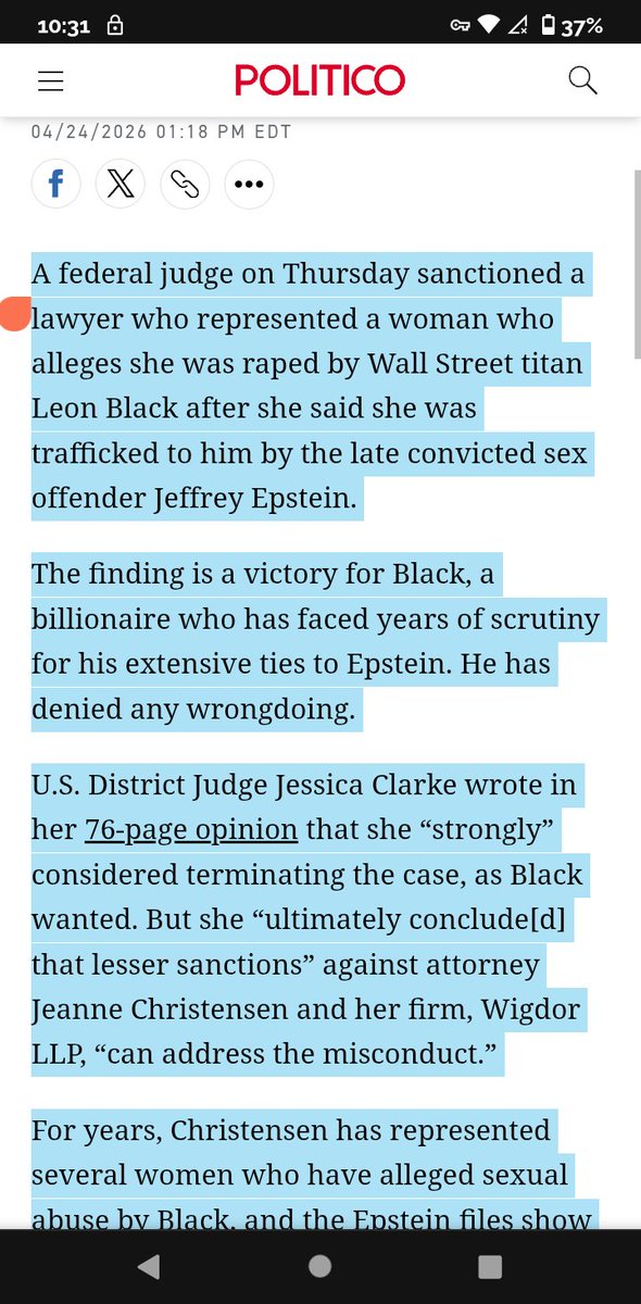 DomPachino101's tweet image. #LAW #JEFFREY_EPSTEIN
Judge sanctions law firm that has pursued Leon Black over Epstein ties

...Clarke, a Biden appointee, found Christensen “repeatedly lied to the Court &amp;amp; to opposing counsel in this litigation” about what was happening in a related case
politico.com/news/2026/04/2…