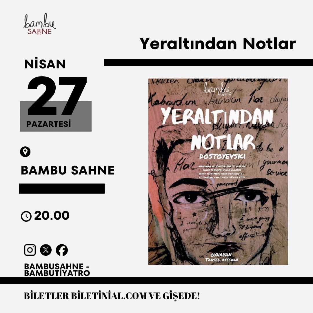 BambuSahne's tweet photo. 🎭27 NİSAN PAZARTESİ AKŞAMI🎭

📍 Yer: Bambu Sahne
📅 Tarih: 27 Nisan Pazartesi 2026
🕗 Saat: 20.00

🎟️ Biletler: Gişede ve https://t.co/YLqXfMbU1P’da satışta!

Not: Fotoğraf provalardan çekilmiştir.

#dostoyevski #yeraltındannotlar #bambutiyatro https://t.co/Hr8nZ3cUop