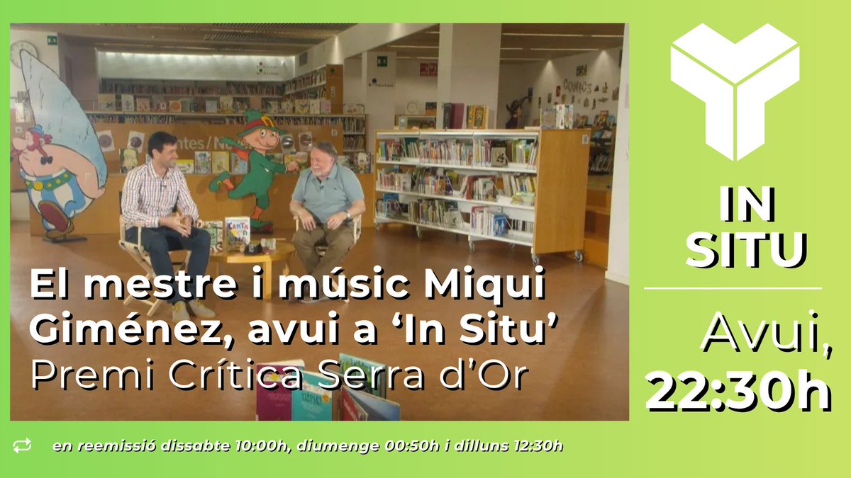 CanalTerrassa's tweet photo. 📺‼️AVUI, 22:30h | El mestre i músic @GimenezMiqui, a ‘In Situ’, amb @quicosimo 

📚🎶 Premi Crítica Serra d’Or al Coneixement pel llibre 'Canta-me’n una, canta-me’n dues', on recull més de 100 cançons per a infants

🖥️ Mira'l a @CanalTerrassa o https://t.co/KOgDRlccx9
#Terrassa https://t.co/ONsfojTcRo