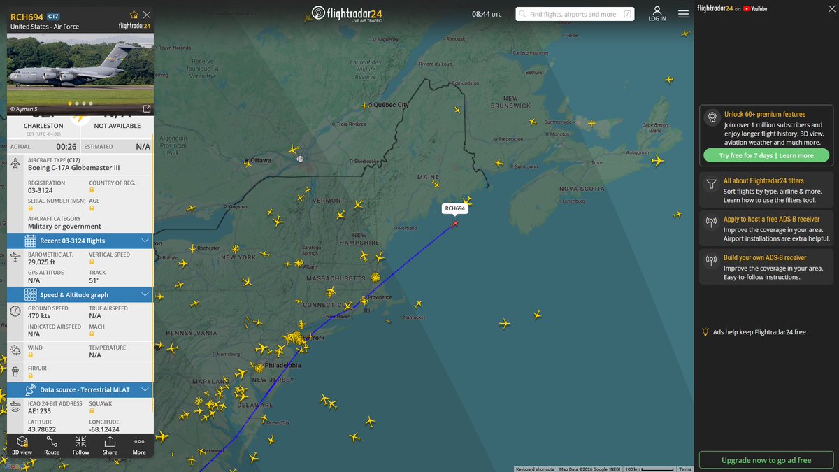 AIYeyENGDdJkjTr's tweet image. Apr. 25, 2026
#Joint Base Charleston #Fort Bragg, North Carolina ==&amp;gt; #Ramstein Air Base 

#RCH694 #AE1235 USAF C-17A Globemaster III