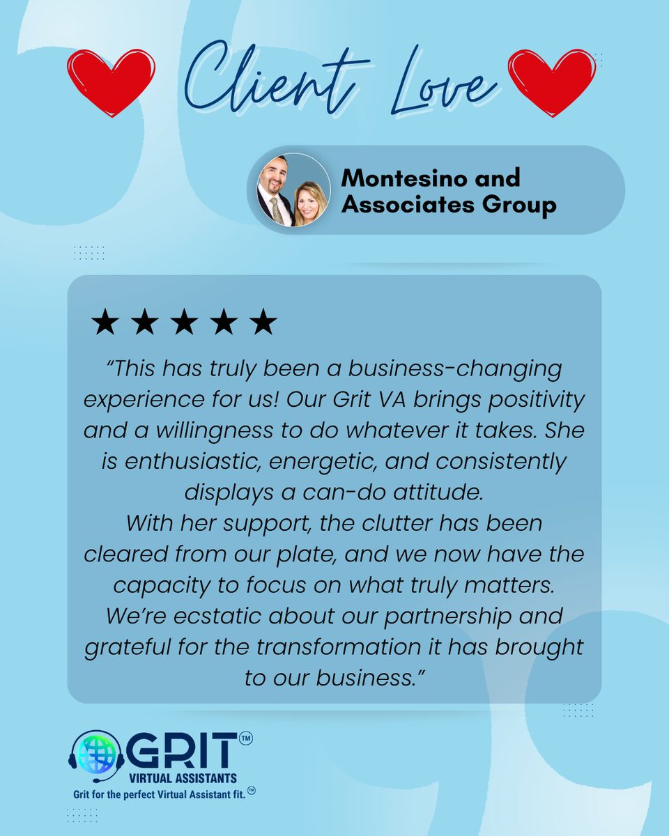 GritVas's tweet image. Ending the week with a win!

Huge thanks to the Montesino Team for your wonderful feedback. Knowing your Grit VA helped clear clutter and create space for what matters is why we do this. 

Ready to feel the impact? bit.ly/Grit_VAs 

#ClientLove #GrowWithGrit #GritVAs