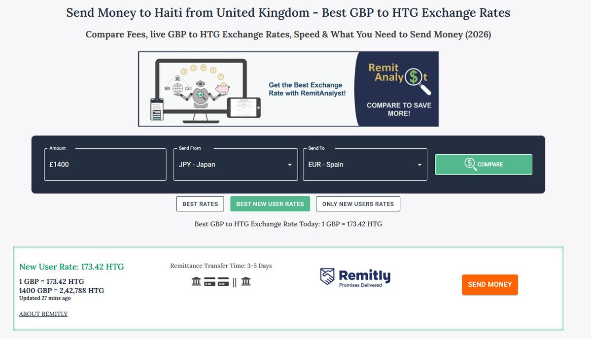 RemitAnalyst's tweet image. Looking to send money from the United Kingdom to Haiti?

Every pound counts when transferring internationally. RemitAnalyst helps you compare GBP to HTG exchange rates so you can maximize.
 
remitanalyst.com/send-money-to-…

#MoneyTransfer #Remittance #ExchangeRates #Fintech