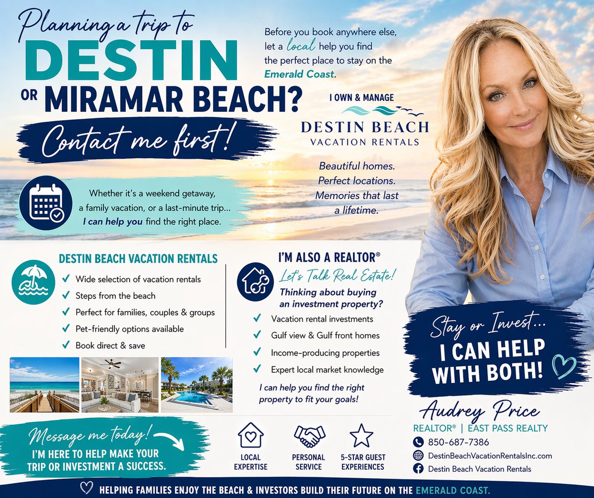 destinbeachvr's tweet image. Before you book a trip to Destin or Miramar Beach, you should always check with someone local first.
That’s what I do every day.
Audrey Price, Realtor | East Pass Realty | 850-687-7386
#DestinFlorida
#MiramarBeach
#DestinVacationRental
#FloridaVacationRental
#EmeraldCoast
#Beach