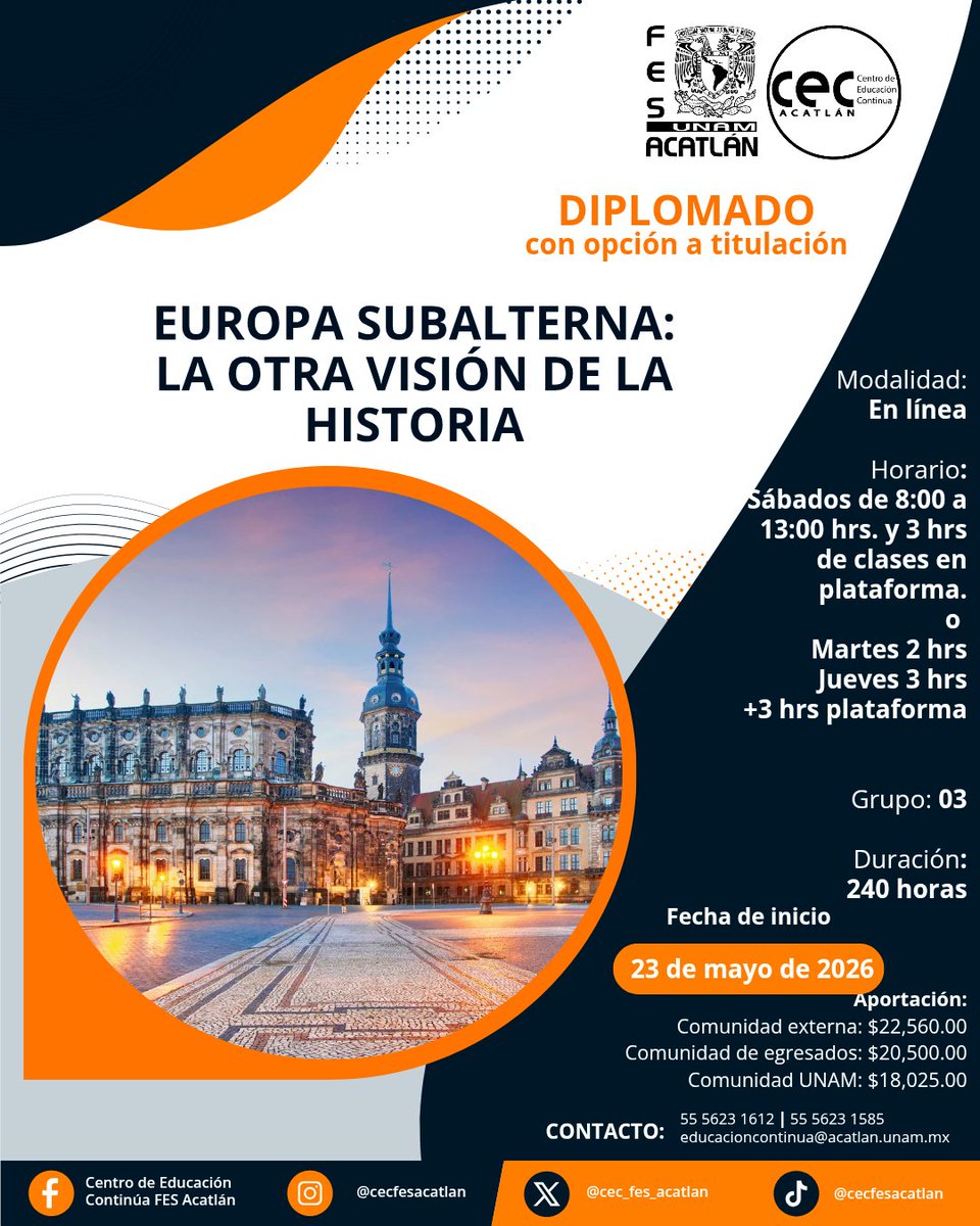 CEC_FES_ACATLAN's tweet image. #Diplomado: Europa Subalterna: La Otra Visión de la Historia 

 ¿Alguna vez te has preguntado cómo vivieron la historia los que no estaban en el poder? 🎭 El diplomado Europa Subalterna explora los siglos XIX y XX desde una perspectiva única. 👇

#UNAM #Europa #Historia
