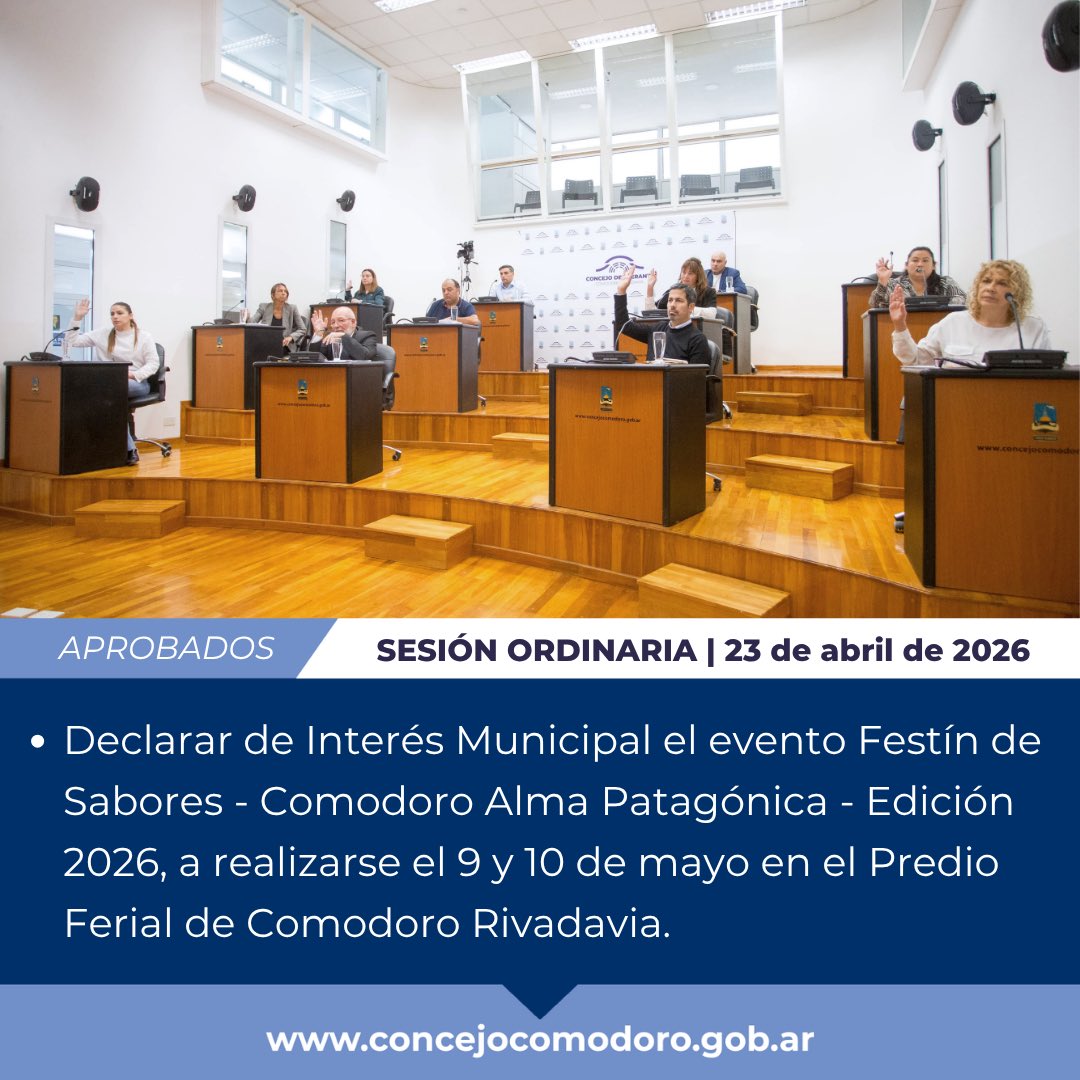 ConcejoCOMODORO's tweet photo. 🙋‍♀️🙋‍♂️ #SesiónOrdinaria 

🙌Este es un resumen de los proyectos aprobados y los temas ingresados en la Sesión Ordinaria del jueves
23 de abril de 2026.

👉Podes encontrar más información, el Orden del Día y los proyectos en nuestra página web oficial
https://t.co/5xo5NfH3nv

(1/2) https://t.co/XmRcYe0Hl6