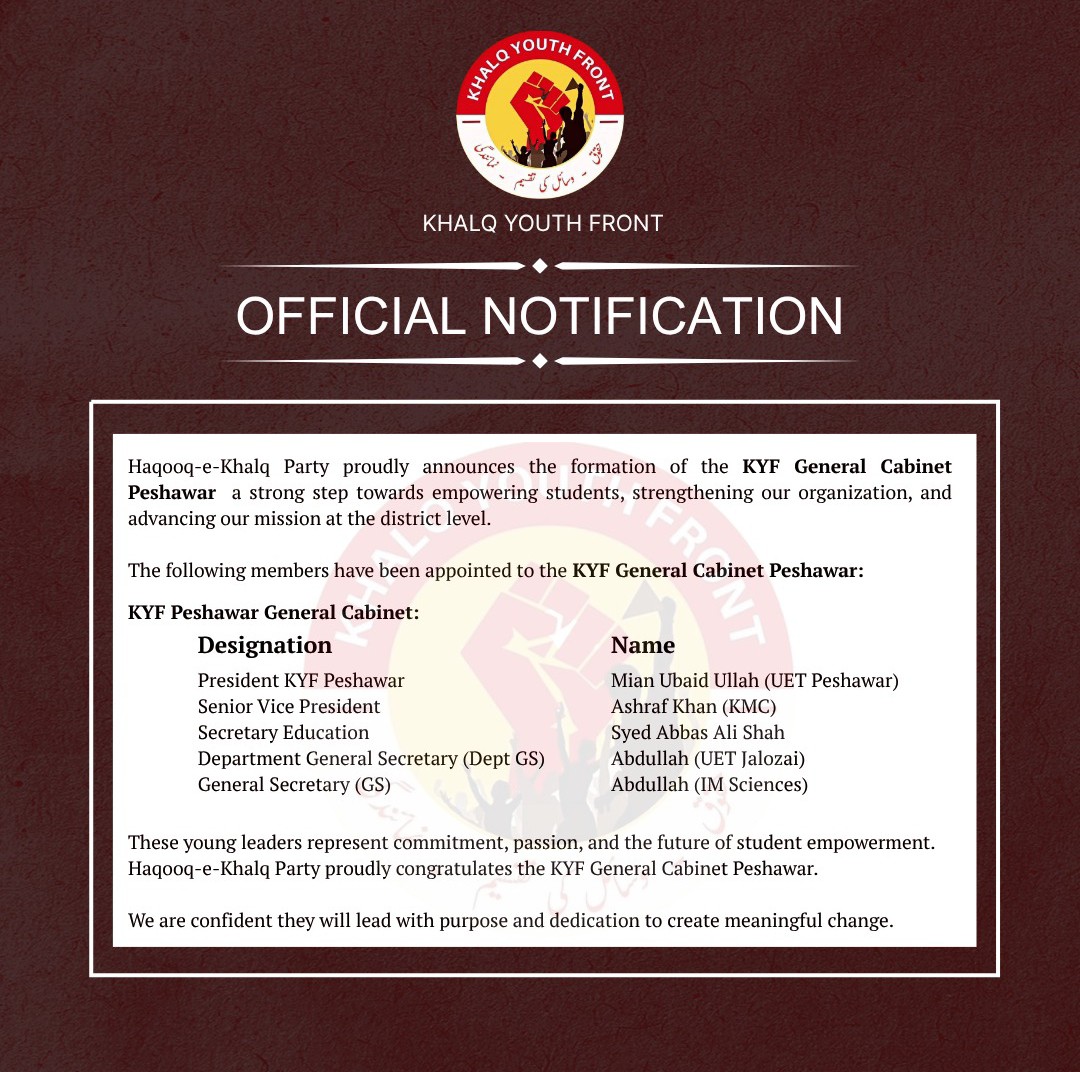 mainly_abdullah's tweet image. Alhamdulillah! 🎉 Honored to be appointed as Deputy General Secretary, KYF Peshawar under @HaqooqeKhalq Party. Ready to serve, lead, and create meaningful change for the students of Peshawar. 💪🏻
#KYFPeshawar #YouthLeadership #Peshawar