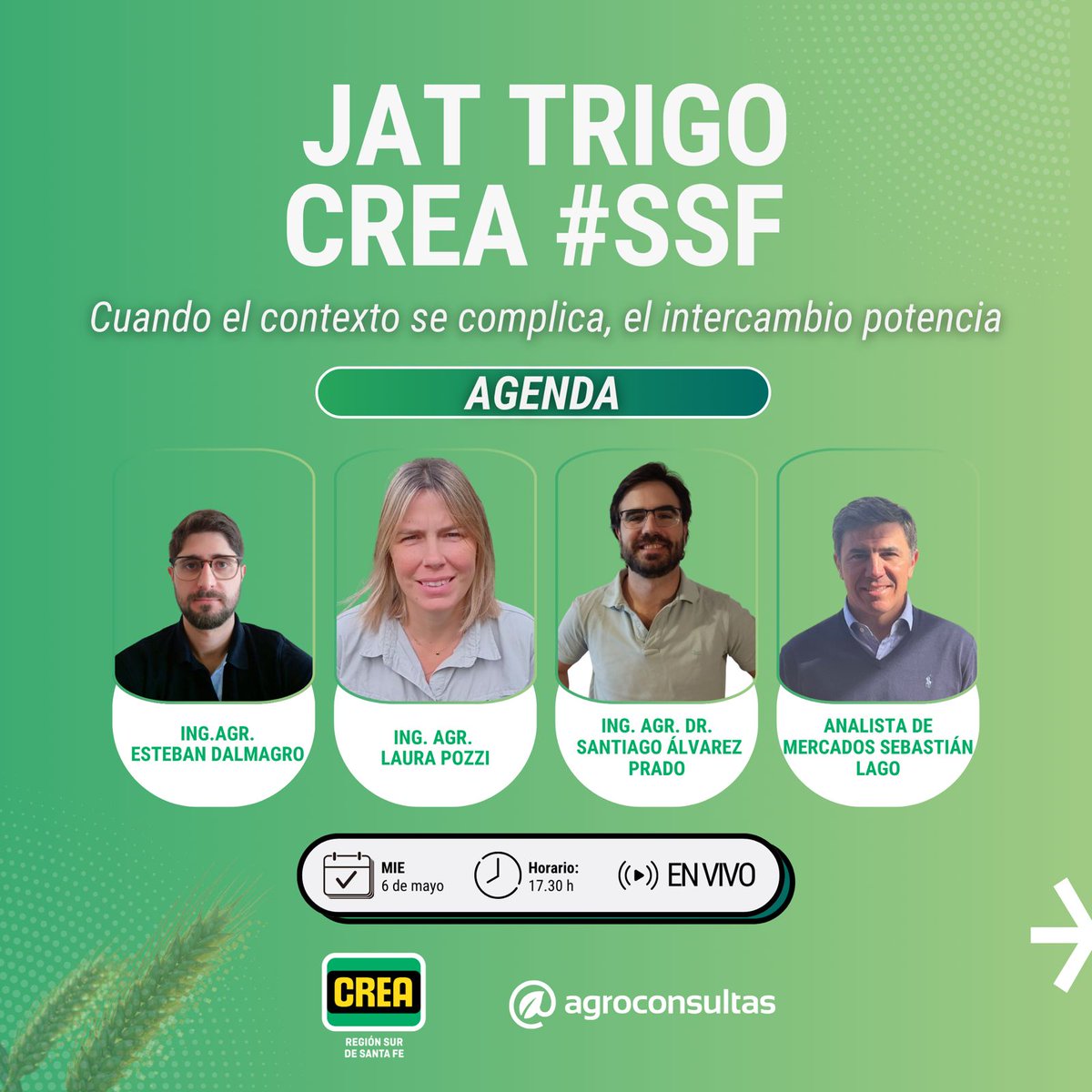 CreaSurSantaFe's tweet photo. 🌾 JAT Trigo SSF
Cuando el contexto se complica… el intercambio es clave.
Deslizá para ver la agenda 👀

📅 Miércoles 6/5 | 17:30 hs
👉 Miradas + datos para la próxima campaña
💻 100% virtual por @agroconsultas

🔗Link a la jornada en bio

#SomosCREA #SSF https://t.co/wUgVzhAwhW
