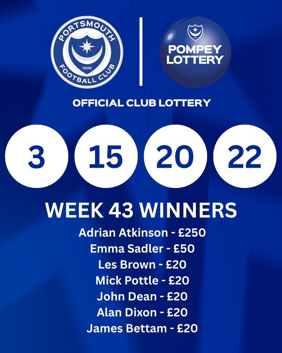 PompeyLottery's tweet photo. Week 43 results are in the books! Who’s going to claim that jackpot at £3,800?! 🫣

https://t.co/mNUehLjqrq

#pompey #pompeylottery https://t.co/oItiCkhgJ7