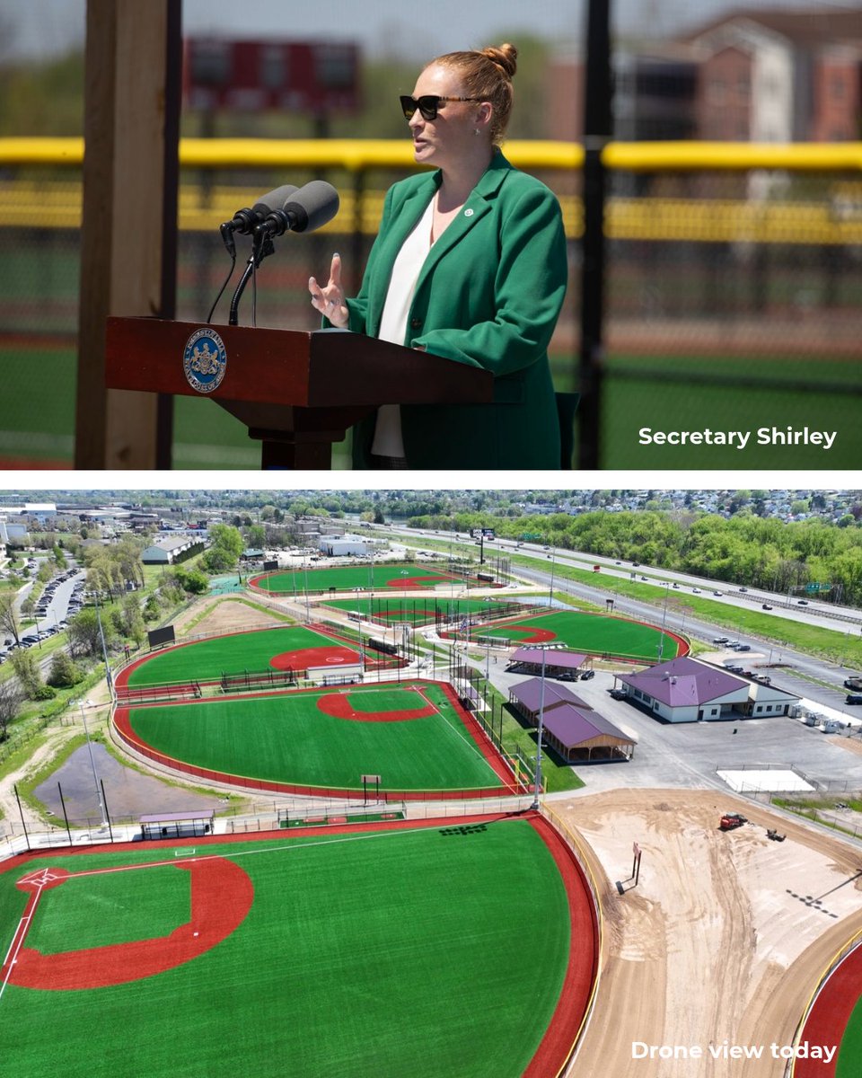 PA DEP Secretary Shirley speaking at an event at the site. And a drone view of the location, now baseball fields, today.