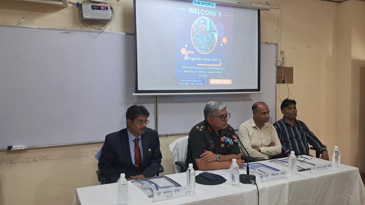 dgrIndia's tweet image. Brig Vikas Batra, ADG DRZ (Central), conducted a mid-course interaction with #DGR-sponsored Warehouse Supervisor Course trainees at ICM Bhopal on 23 Apr 26. He interacted with 40 participants and faculty members.
@adgpi @indiannavy @IAF_MCC @SpokespersonMoD