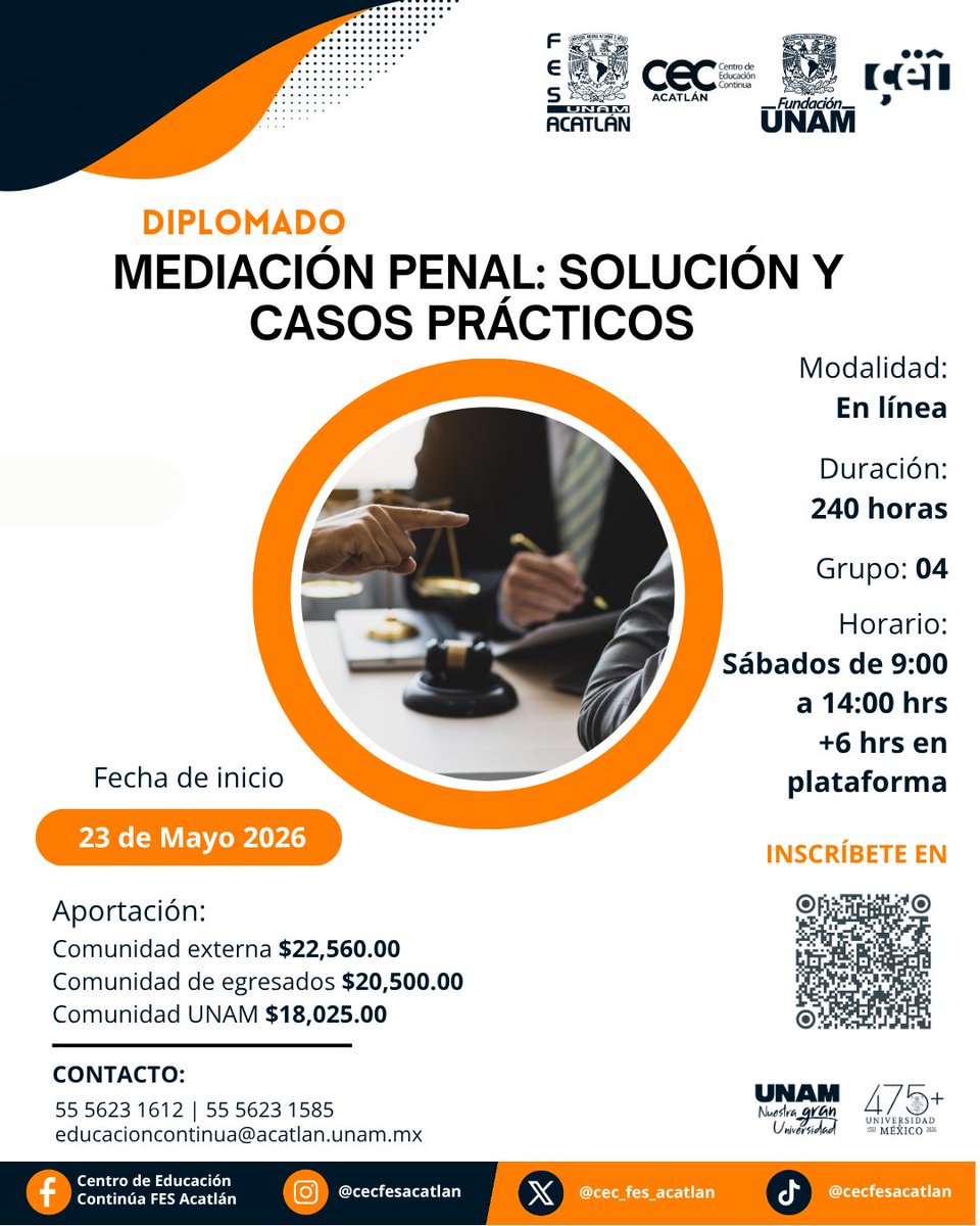 CEC_FES_ACATLAN's tweet image. #Diplomado: Mediación Penal: Solución y Casos Prácticos

 ¿Sabías que muchos conflictos penales pueden resolverse mediante el diálogo y acuerdos reparatorios? 🕊️

#Derecho #Mediación #Casos #UNAM #CECAcatlán #Pumas