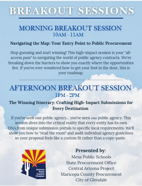 AZNIGP's tweet photo. Join us on May 12th at ASU West for the Reverse Vendor Trade Show, featuring expert-led breakout sessions and networking with over 30 public entities. Learn directly from procurement leaders across Arizona. We hope to see you there! https://t.co/vUUCpdVG5Q