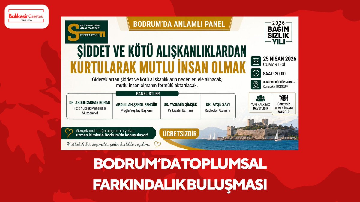 balikesirtrend's tweet image. 🔴Bodrum’da düzenlenecek panelde şiddet ve bağımlılık sorunları ele alınacak.

🔗balikesirgazetesi.com.tr/bodrumda-mutlu…

#Bodrum #Panel #Şiddet #Bağımlılık #Toplum #Etkinlik