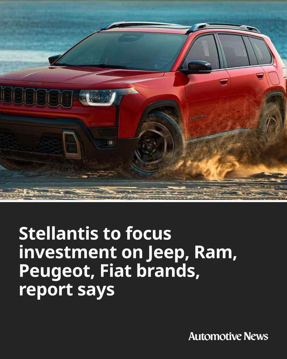 Automotive_News's tweet image. Stellantis will channel the majority of its investment into four brands — Jeep, Ram, Peugeot and Fiat — while relegating the rest of its 14-brand portfolio to regional roles, five sources told Reuters.

#Stellantis #Jeep #Ram #Peugeot #Fiat #automotive #autoindustry