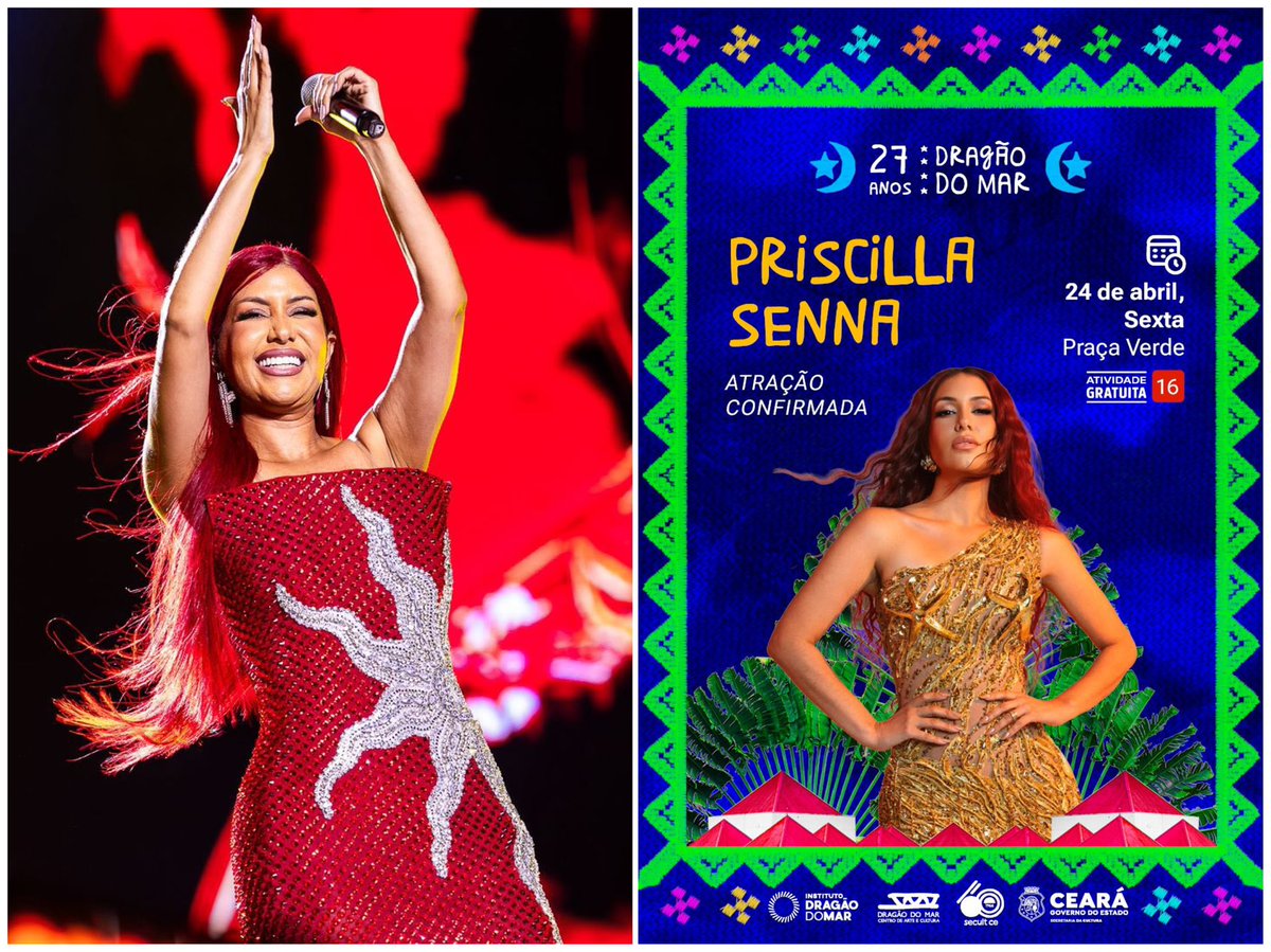priscilaaky's tweet photo. 𝗘́ 𝗵𝗼𝗷𝗲! Priscila Senna vai fazer um showzaço na 𝗣𝗿𝗮𝗰̧𝗮 𝗩𝗲𝗿𝗱𝗲 𝗱𝗼 𝗗𝗿𝗮𝗴𝗮̃𝗼 𝗱𝗼 𝗠𝗮𝗿 em 𝗙𝗼𝗿𝘁𝗮𝗹𝗲𝘇𝗮/𝗖𝗘, com 𝗲𝗻𝘁𝗿𝗮𝗱𝗮 𝗴𝗿𝗮𝘁𝘂𝗶𝘁𝗮! 👑 https://t.co/iyUDZHYFHx